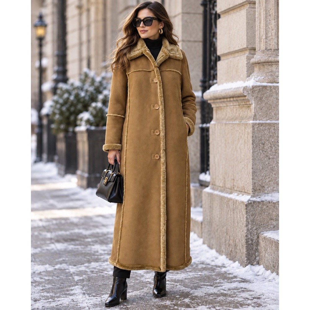 Utex Faux Suede Shearling Penny Lane Maxi Coat Camel Y2K Mob Wife  Size M